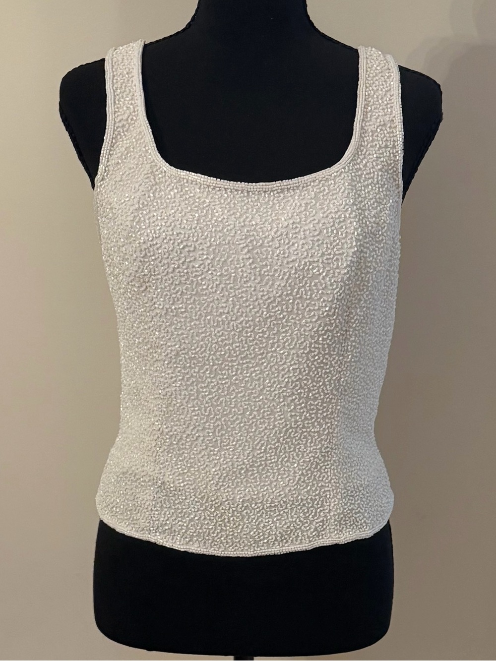 Rare Vintage Cache 100% Silk White Beaded Camisole Tank Top Lined Bridal Party S